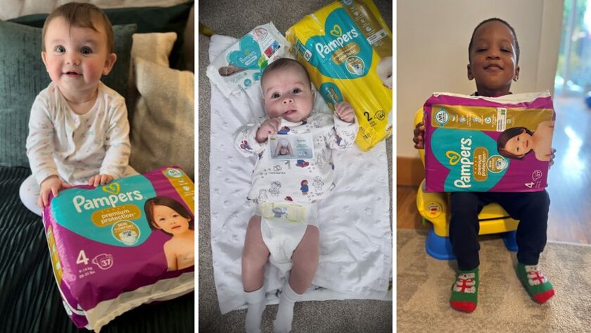 3 babies with Pampers Premium Protection nappy packs