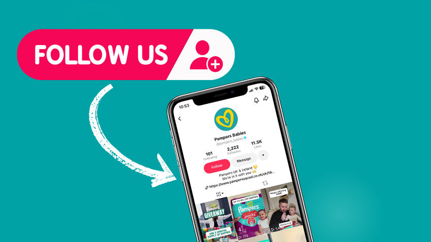 An iPhone screen showing the Pampers Babies TikTok channel, with an arrow pointing toward the phone inviting people to follow the channel.