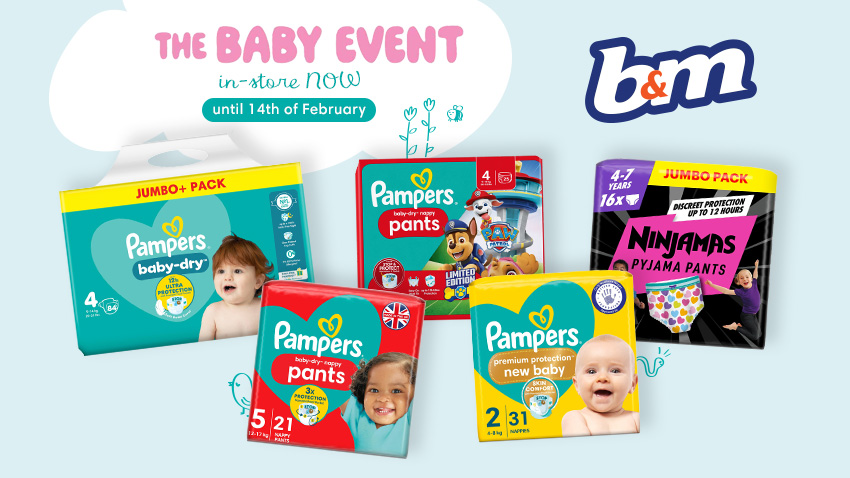 Pampers packshots showing with a B&M logo and a text telling that the event is last til 14th of february