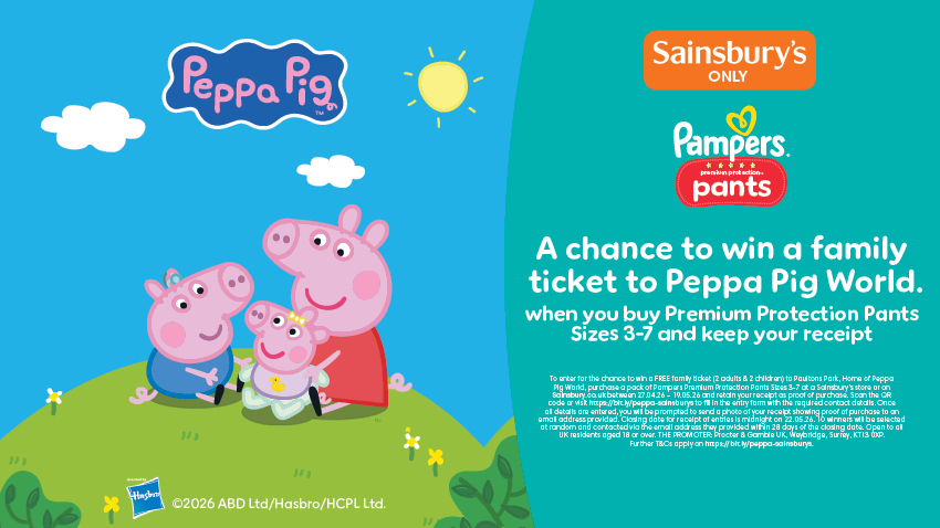 Peppa pig cartoon promo banner with the description of the in store competition Sainsburys only